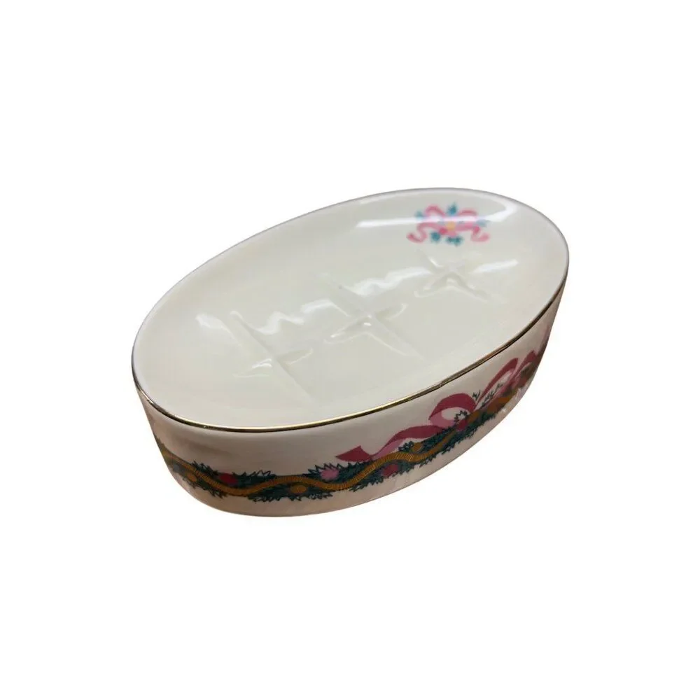 Vintage Ceramic Soap Dish With Floral Ribbon Design Made In Japan Oval Shape 5.5